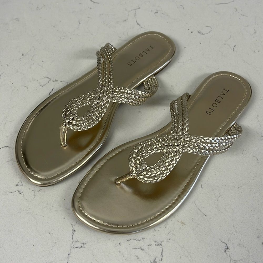 TALBOTS CECE BRAID METALLIC THONG SANDALS
Style # P222041002 Size 10 Gold